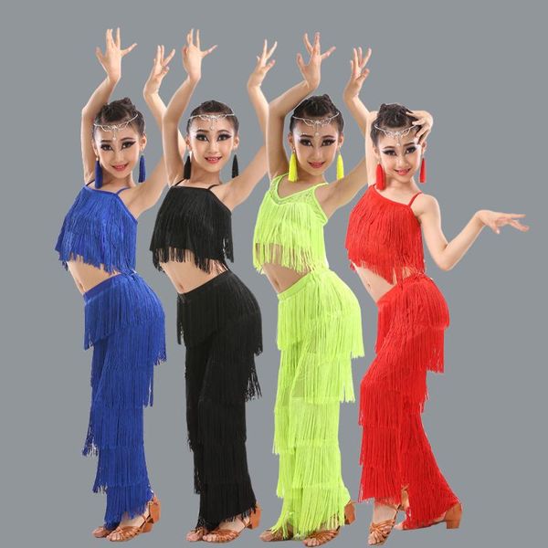 

stage wear childrens latin dancing dress tango cha samba kids tassel dance skirt performance practice suits summer dqt1071, Black;red