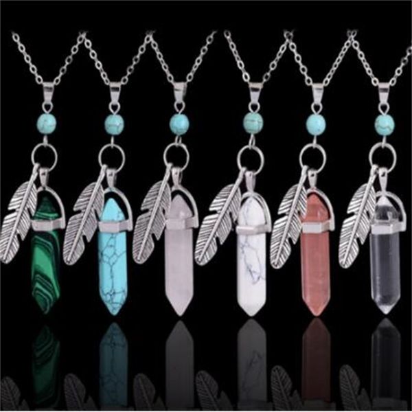 

stone point chakra feather hexagon shape natural healing bullet charms vintage silver necklace pendant fooh4b