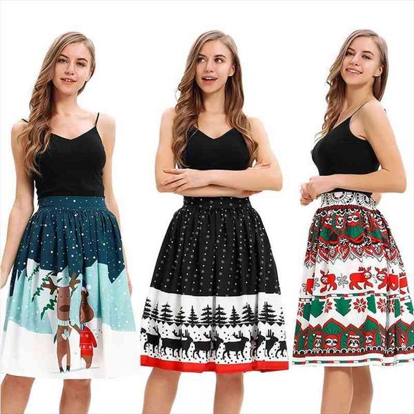 

girls christmas snow elk santa claus printed short lady x-mas carnival party vintage flared skater skirt costume for women, Black