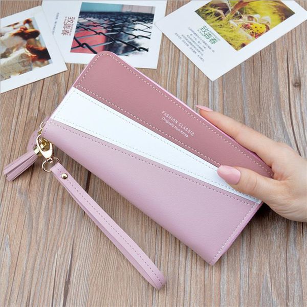 

zipper closure spliced wrist strap tassel wallets women elegant phone long card holder for girls coin purse, Red;black