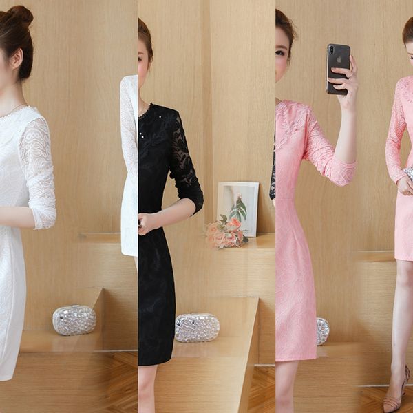 

2020 осени зима нового кружева с длинным рукавом осень корейского тонкого платье dresslace dresstemperament середина длинной ягодица сексуал, Black;gray