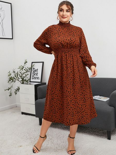 

plus allover print mock neck shirred waist dress 533m#, Black