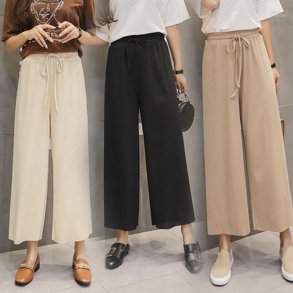 

women summer thin knit trousers 2019 casual trouser elastic waist pants black wide leg loose solid plus size pants wijde broek1, Black;white