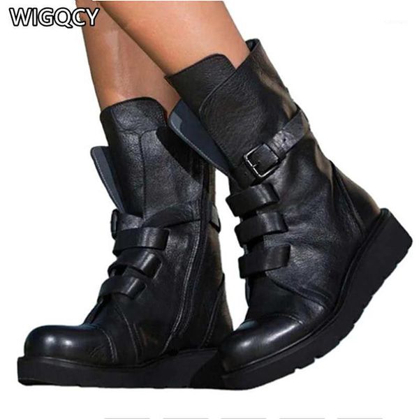 

2020 new fashion women buckle casual slope with cool calfskin boots ladies brand designer autumn winter shoes women's shoes1, Black