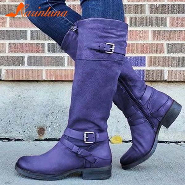 

boots karin big size 34-43 female 2021 autumn daily round toe chunky heels buckle women mid calf shoes, Black