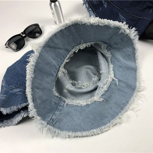 

лето осень омывается джинсовых вс hat женщин моды кисточка floppy cap дама широкого брим пляж bucket шляпа женский хлопок складной 201027, Blue;gray