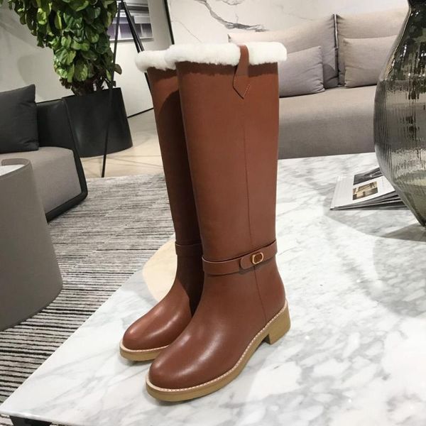 

warm fur women long boots fashion lamb wool winter snow boots runway round toe low heels women knee genuine leather, Black