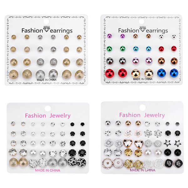 

design 12 pairs/set stud earrings set of women rhinestone flower heart earrings pearl geometric earrings popular earring jewelry with card, Golden;silver