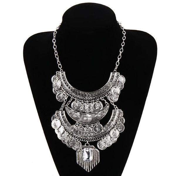 

мода boho vintage кристалл ожерелье металлических цепей монеты подвеска заявление ожерелье женщины ювелирные аксессуары, Silver