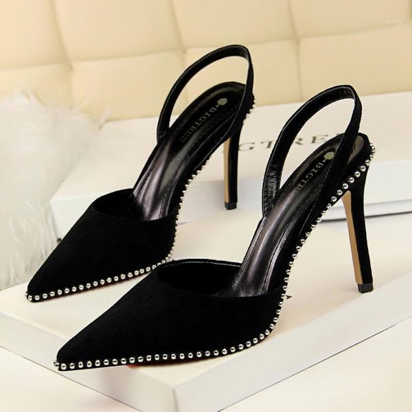 

sandals 313-2 nightclub show thin high heel suede shallow cut back trip strap rivet pointed women's sandals1, Black