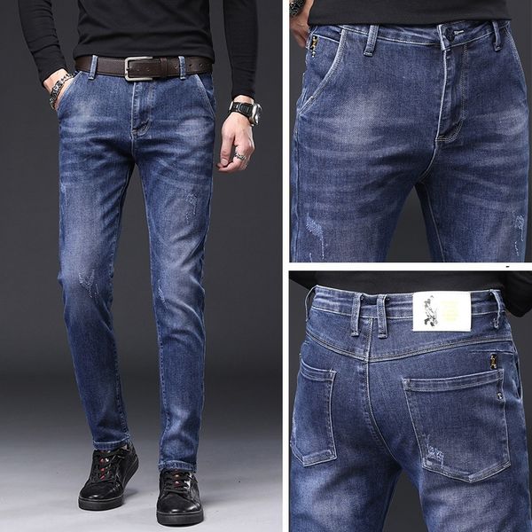 

осенью и зимой джинсы slim fit маленькие ноги эластичные джинсы мужские брюки брюки студент корейской версии тенденция высокого конца осени, Blue