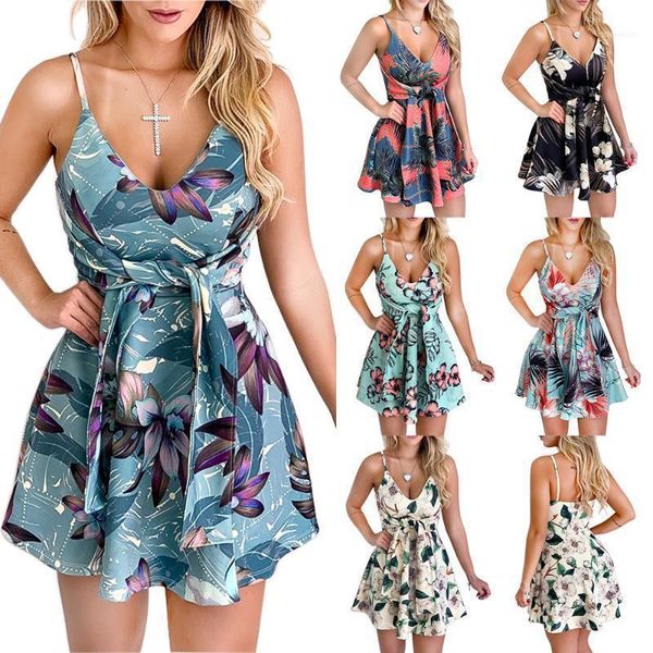 

plus size 5xl sling deep v neck backless floral dress women mini dresses ladies print boho dress summer lace up beach11, Black;gray