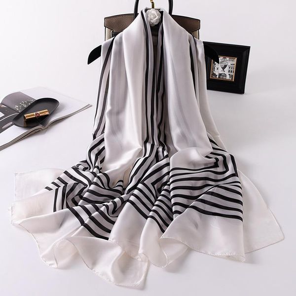 

2020 new silk scarf women striped shawls lady wraps headband winter spring scarves foulard female bandana, Blue;gray