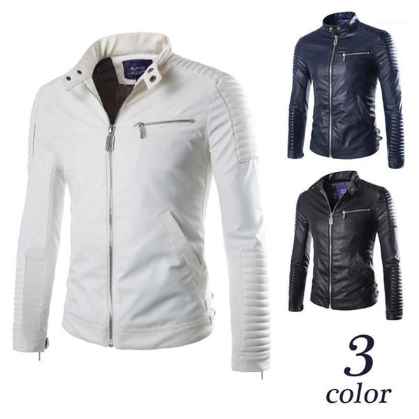 

spring and autumn new special craft design men's stylish motorcycle stand collar leather jacket street bike riding white leather1