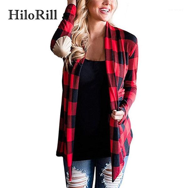 

hilorill knitted cardigan women fall 2018 fashion plaid print long sleeve sweater thin cardigan poncho elbow patchwork coat xxl1, White;black