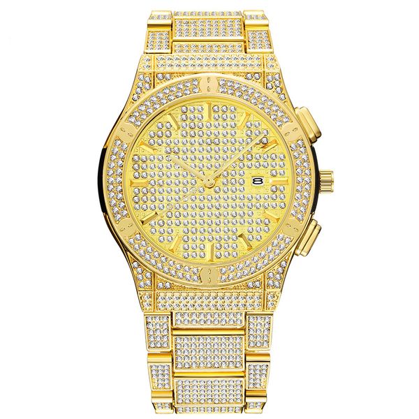 

2021 Promotional brand men's fashion watch hip-hop calendar large dial stainless steel high-end diamond waterproof watches, Gold