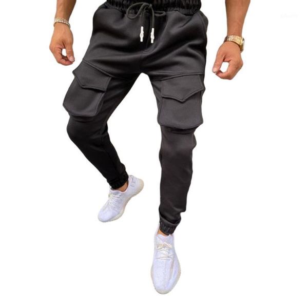 

men's solid color sport casual trousers elastic drawstring slim fitting sweatpants for jogging gym fitness with big pocket1, Black
