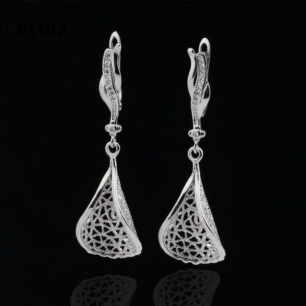 

irina new gift trendy white gold natural zircon long hollowing earrings for women wedding hollow irregular wave earring jewelry, Silver