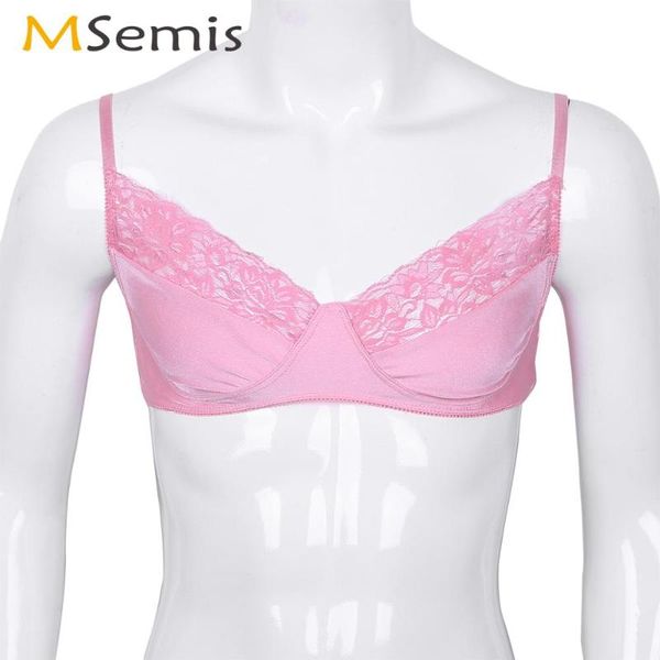 

bras mens sissy bra lingerie nightwear adjustable shoulder strap smooth satin lace floral bralette gay wire-exotic, Red;black