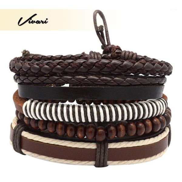 

vivari adjustable men's brown vintage multilayer leather with bead bracelet handmade wristband black rope fashion accessories1