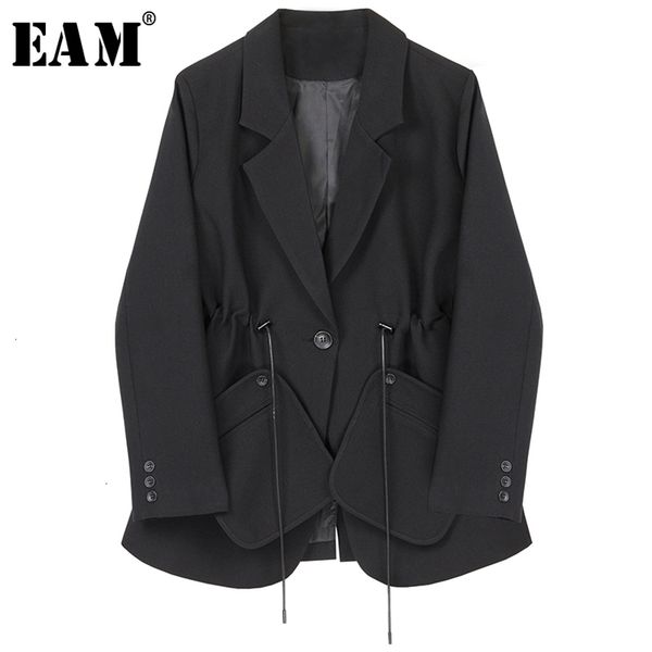 

[eam] women black drawstring temperament blazer new lapel long sleeve loose fit jacket fashion tide spring autumn 2020 lj201214, White;black