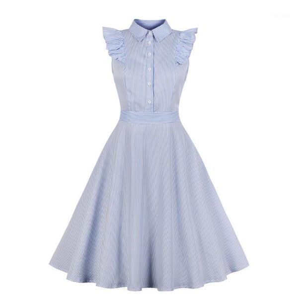 

women vertical stripes ruffle shirt dress button down 1950s 50s retro swing vintage dress sleeveless flare flare party dresses1, Black;gray