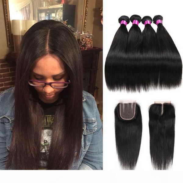 

brazilian malaysian peruvian indian mongolian virgin straight hair unprocessed human hair lace closure bundles with closure hair extensions, Black