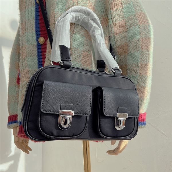 7A Bolsa de ombro preta de tecido de alta qualidade Design simples e elegante bolsa estilo unissex bolsa escolar para meninas bolso crossbody com 2 bolsos