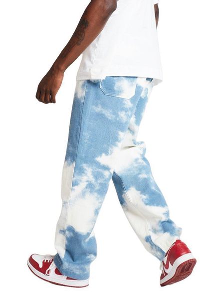

men's jeans men casual loose straight denim pants tie dye print sky blue long trouser drop