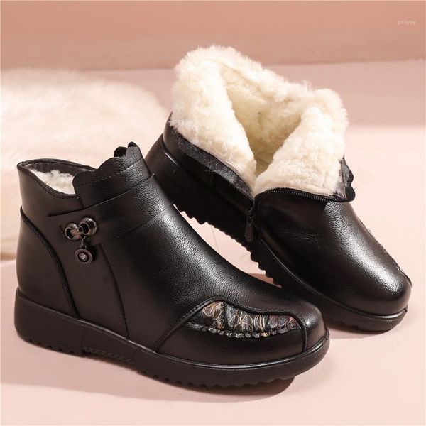 

winter women mother snow boots warm soft wool lining low wedge heel split leather patchwork hardwear shoes ladies female new1, Black