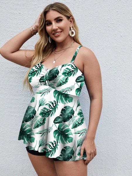 

plus leaf print swim dress with shorts i5yn#, Black