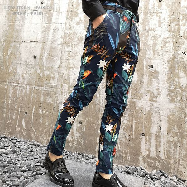 

streetwear male han banku nightclub suit tide male hairdressing mr. pants printing leisure time pants self-cultivation tide 201106, Black