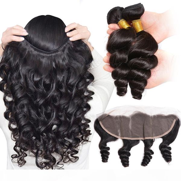 

ear to ear 8a virgin indian lace frontal closure with bundles loose wave human hair weave full frontals closure pieces 13x4, Black;brown