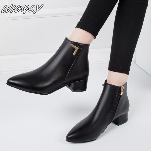 

trend new women's fashion smooth surface leisure solid pointed toe med heels ankle boots shoes women boot mujer, Black