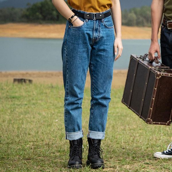 

mbbcar retro washed blue red line denim jeans slim micro-tapered pants 702-66s fashion cropped pants 7210