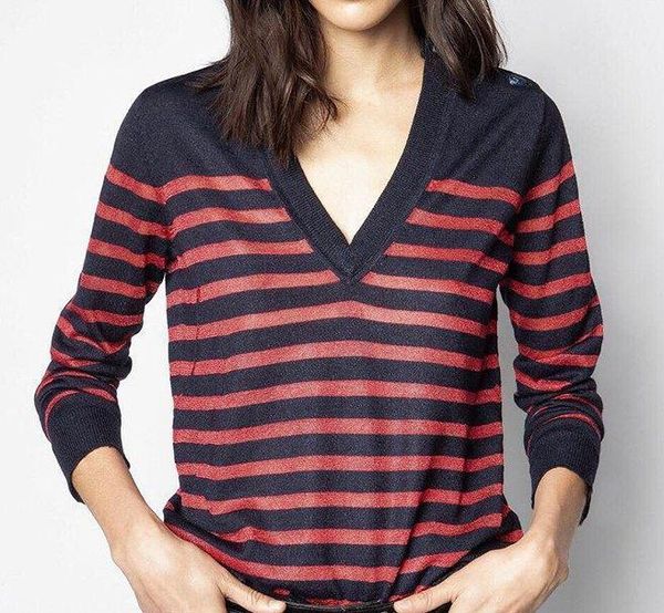 

women sweater 2020 autumn and winter new gold and silver wool yarn v-neck striped knitted women1, White;black