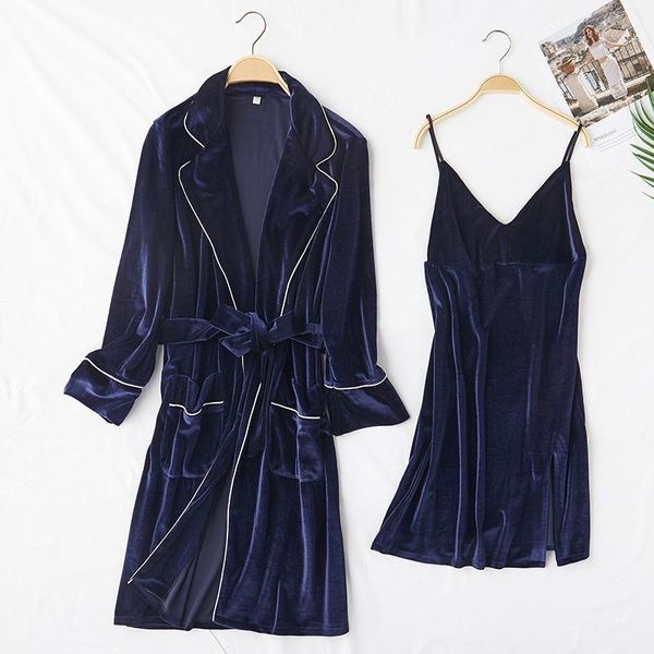 

2020 new women 2pcs robe&strap sleep lounge set winter velvet robe suit warm sleepwear nightgown long sleeve home wear1, Black;red