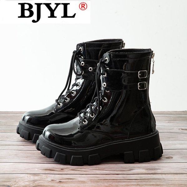 

NEW Leather Ankle Boots for Women Motorcycle Black Boots Women Platform Thick Heel Winter Shoes Booties Botas Mujer