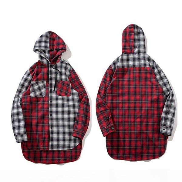 

flannel full hip hop flannel cotton plaid patchwork men's shirt with hoodie front short back long extended shirt men, White;black
