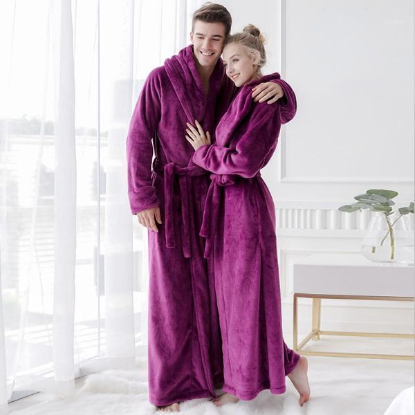 

male female winter bathrobe plus size floor length soft flannel bath robes women men thicken warm double collar dressing gown1, Black;red