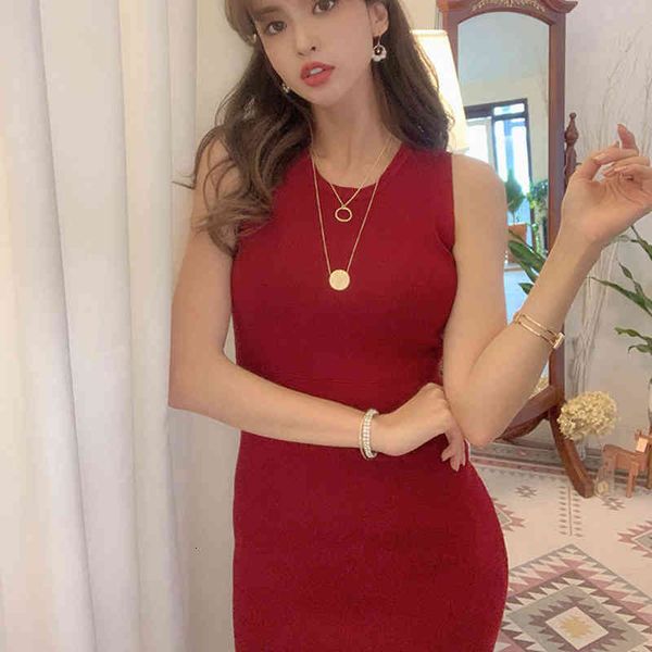 

pullovers knit o-neck sleeveless korea women night club party dresses skinny slim fit elegant ladies bodycon knee-length dress, Black;gray