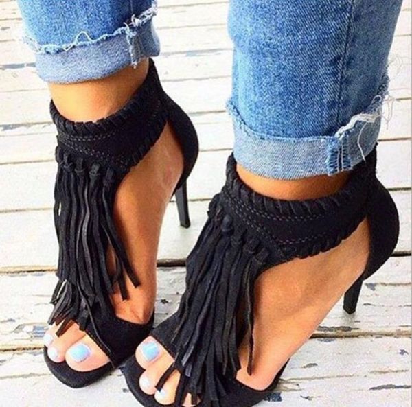 

sandals ladies shoes woman chaussure thin high heels women summer pumps zapatos mujer sapato peep toe tassel fringe zip f181661, Black