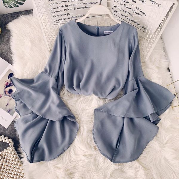 

2021 spring autumn flare sleeve o-neck women long sleeve blouse fashion solid sweet shirt new arrival elegant casual blusas1, White