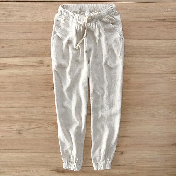 

linen pants men's casual elastic cotton and linen pocket nine points pants thin section 2020 new1, Black