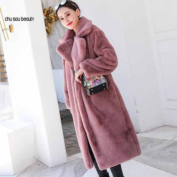

winter women faux fur coat luxury long fur coat loose lapel overcoat thick warm plus size female plush coats, Black
