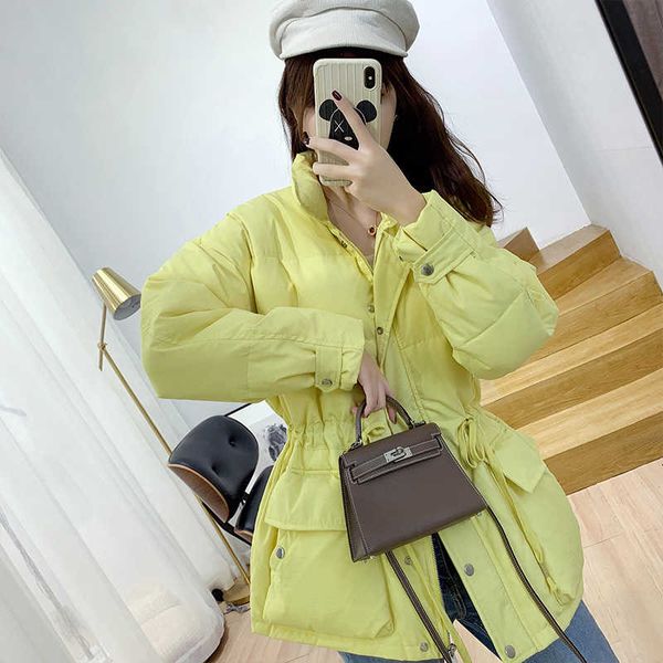 

korean candy color autumn winter women's down jacket high waist slim stand collar warm duck down coat female, Black