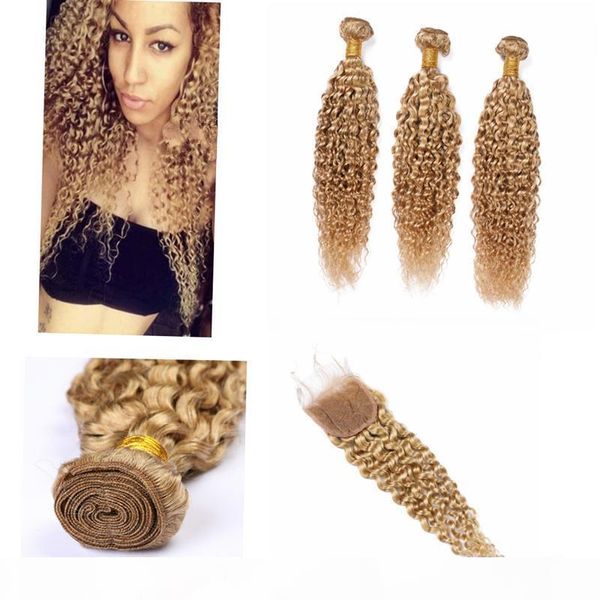 

blonde brazilian hair bundles with closure 4" * 4" # 27 color blonde weave hair human bundles with closure kinky curly, Black;brown