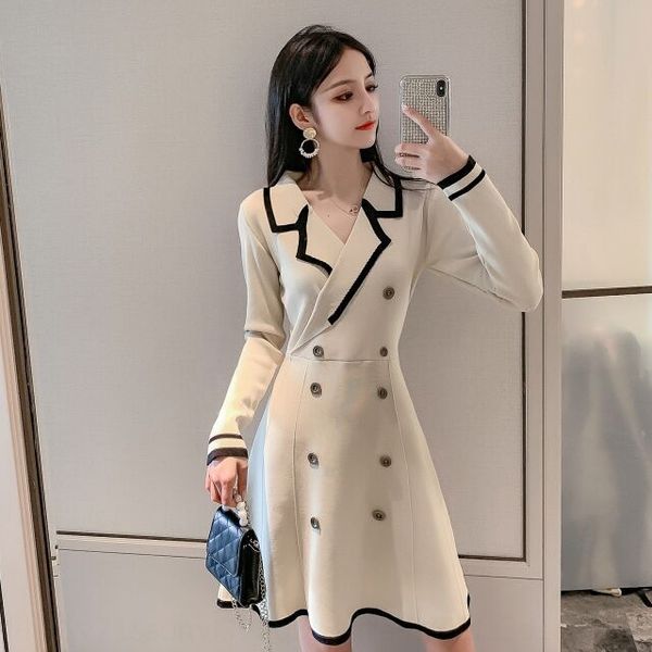 

autumn new sweater ice dresssweater dress silk polo big lapel contrast color knitted dress women's double breasted high waist knitted s, White;black