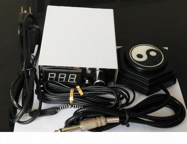 

new professional stainless steel digital lcd tattoo power supply with yinyang black round tattoo foot pedal clip cord tattoo power supplies