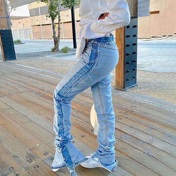 

2020 fashion women jeans stacked ripped denim female long trousers high waist streetwear clothes for women, Blue